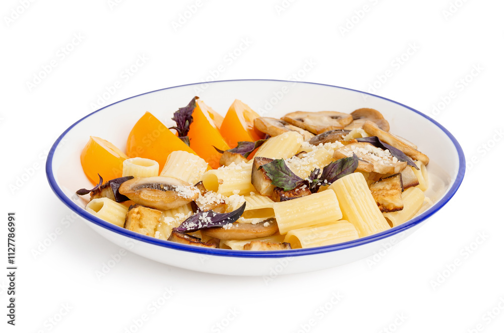 Plate with delicious Italian pasta salad on white background
