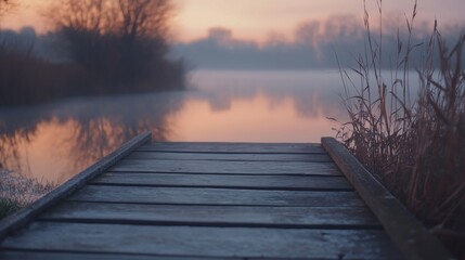 Wall Mural - A serene wooden dock extending over a misty lake at sunrise, surrounded by tall grass.