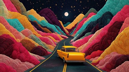Poster - Colorful abstract landscape with retro car driving on winding road through mountains. Vibrant colors, surreal textures create psychedelic, dynamic feel. Mountains abstract, layered with various
