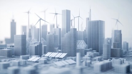 Aufkleber - A 3D wireframe structure of a city with renewable energy sources, solar panels, and wind turbines, emphasizing CO2 reduction and green business goals for net-zero.