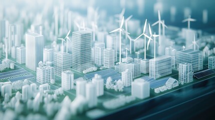 Aufkleber - A 3D wireframe structure of a city with renewable energy sources, solar panels, and wind turbines, emphasizing CO2 reduction and green business goals for net-zero.
