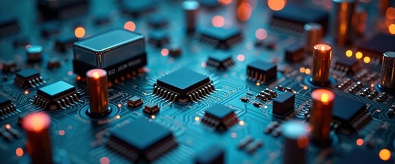  - Close-up view of complex electrical circuit board. High-tech electronic components visible. Circuit board intricate with many small parts. Focus on detail, precision. Modern tech design. Image shows