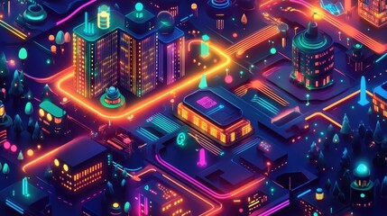 Poster - A colorful, digital city at night with glowing neon lights and interconnected buildings, showcasing the future of technology, smart cities, and digital networks.