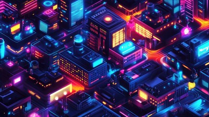 Poster - A colorful, digital city at night with glowing neon lights and interconnected buildings, showcasing the future of technology, smart cities, and digital networks.