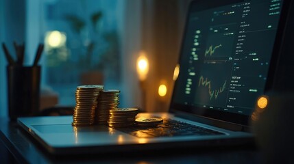 Poster - A cryptocurrency trading interface on a laptop with Bitcoin coins stacked in front, symbolizing investment opportunities in the digital finance world.