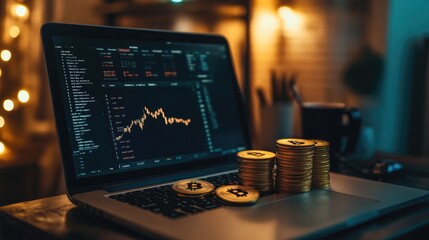 Poster - A cryptocurrency trading interface on a laptop with Bitcoin coins stacked in front, symbolizing investment opportunities in the digital finance world.