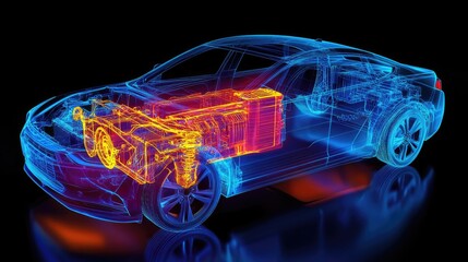 Poster - A detailed CAE simulation of an electric vehicle's battery system, focusing on heat management and cooling solutions for optimal performance.