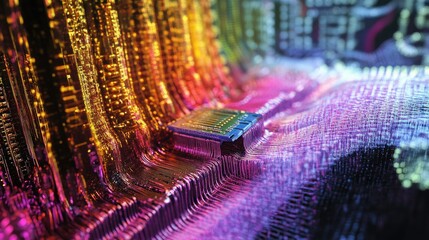 Poster - A detailed image of a semiconductor chip and microcircuits, symbolizing advancements in technology, computer engineering, and electronic industries.
