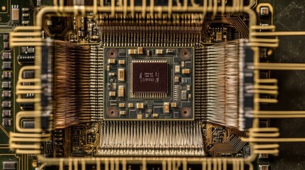 Poster - A detailed image of a semiconductor microchip, emphasizing the complexity and technological advancements driving the electronic and computing industries.