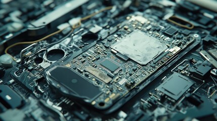 Poster - A detailed shot of a disassembled mobile phone with visible electronic chips and circuit boards, highlighting the importance of technology maintenance and repairs.