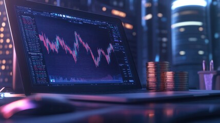 Poster - A detailed shot of a laptop displaying cryptocurrency charts with a stack of Bitcoin coins beside it, highlighting the rise of digital currencies and financial investment.
