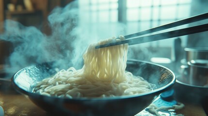 Poster - A detailed shot of noodles being pulled up with chopsticks, with steam rising, capturing the warmth and texture of the dish in a cozy dining atmosphere.