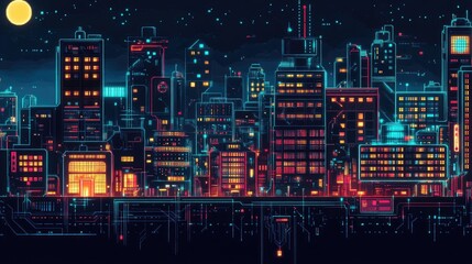 Poster - A digital cityscape at night, bathed in neon lights and interconnected with circuitry, depicting a vibrant, tech-driven future world.