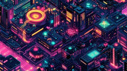 Poster - A digital cityscape at night, bathed in neon lights and interconnected with circuitry, depicting a vibrant, tech-driven future world.