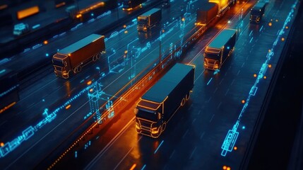Poster - A digital network showing connected trucks with a fleet management system, highlighting real-time communication and efficient logistics management.