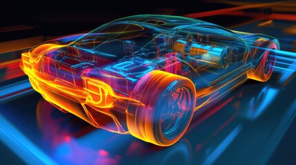 Poster - A digital simulation of an electric vehicle's battery thermal system, showing the flow of heat and cooling strategies in a futuristic, high-tech style.