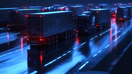 Poster - A fleet of trucks connected through a digital network, showcasing a smart logistics management system for better operational efficiency and tracking.