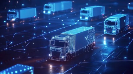 Poster - A fleet of trucks connected through a digital network, showcasing a smart logistics management system for better operational efficiency and tracking.