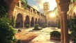 Sunlit courtyard, Moorish architecture, lush plants.