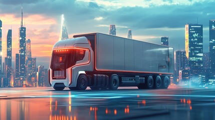 Aufkleber - A futuristic cargo truck loaded with goods, powered by renewable energy, driving across a cityscape while promoting global sustainable logistics and clean transport practices.