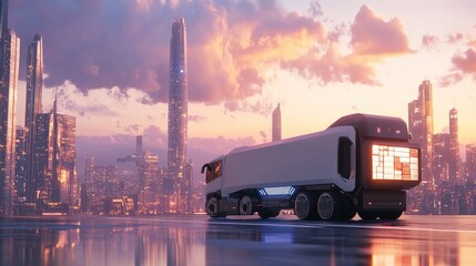 Aufkleber - A futuristic cargo truck loaded with goods, powered by renewable energy, driving across a cityscape while promoting global sustainable logistics and clean transport practices.