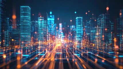 Poster - A futuristic city illuminated with neon lights and glowing buildings, symbolizing digital networks and advanced technology in a vibrant, urban future.