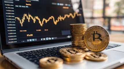 Poster - A laptop displaying cryptocurrency charts, with stacked Bitcoin coins in the foreground, representing digital finance and cryptocurrency investment strategies.