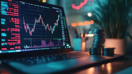 Poster - A laptop screen showing fluctuating cryptocurrency charts, with Bitcoin coins stacked in the foreground, representing digital currency investment strategies.