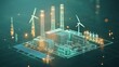 © Natchooda - A low poly wireframe of a power plant with green energy solutions like solar and wind, emphasizing CO2 emission reduction strategies in green business and sustainability.