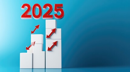 Poster - A rising bar graph made of white boxes and red arrows, with the number 