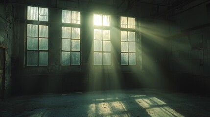 Poster - Sunlight streams through dusty, tall windows of a derelict factory, casting long shadows and illuminating particles in the air. The scene captures a hauntingly beautiful moment of urban exploration