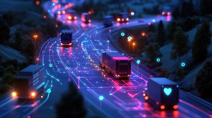 Poster - A smart fleet management dashboard showing connected trucks, with digital connections representing real-time data and optimized fleet operations.