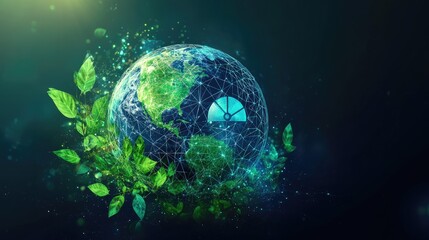 Poster - A wireframe light low polygon style image of the earth with a CO2 emission reduction symbol, showcasing renewable energy and the journey toward net-zero carbon emissions.