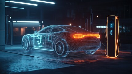 Poster - A wireframe light structure of an electric vehicle at a charging station, with the power cable connected, highlighting the shift to clean energy and sustainable mobility.