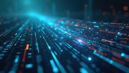 Fototapete - Abstract digital data flow visualizes tech, info processing. Fast moving lines represent data stream. Bright blue, orange glowing lines show complex data movement. Modern tech concept. Futuristic.