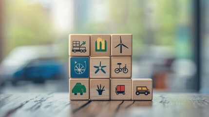 Poster - A wooden table with stacked blocks showing transportation icons, clean energy, and green logistics goals towards achieving net-zero carbon emissions.