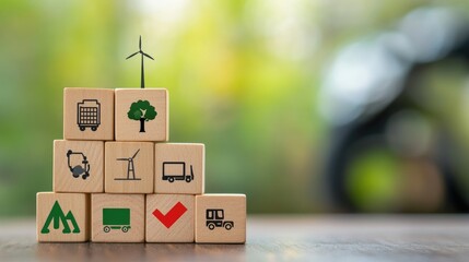 Poster - A wooden table with stacked blocks showing transportation icons, clean energy, and green logistics goals towards achieving net-zero carbon emissions.