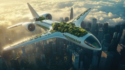 Poster - Airplane flying in the sky with sustainable fuel technology, emphasizing eco-friendly air travel as part of the green logistics and carbon-neutral transport movement.