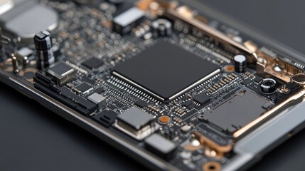 Poster - Close-up of a mobile phone motherboard with visible CPU and electronic components, ideal for phone repair and maintenance ads highlighting technology.