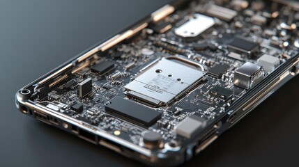Poster - Close-up of a mobile phone motherboard with visible CPU and electronic components, ideal for phone repair and maintenance ads highlighting technology.