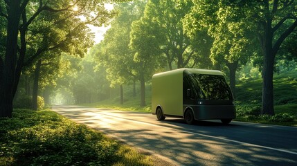 Poster - Electric delivery vehicle on a rural road, surrounded by green trees, signifying eco-friendly logistics and sustainable transportation practices for a cleaner future.