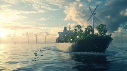 Aufkleber - Global transportation concept with a cargo ship powered by green energy on the ocean, promoting sustainable travel and logistics with a focus on net-zero emissions.