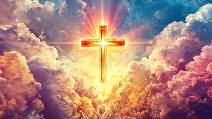 Poster - Radiant cross in vibrant sky with sunlit clouds, spiritual awakening concept