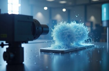 Poster - Industrial 3d scanner analyses mechanical parts. High tech device scans details of machinery component. Precision measurement for quality control in manufacturing. Advanced tech captures detailed