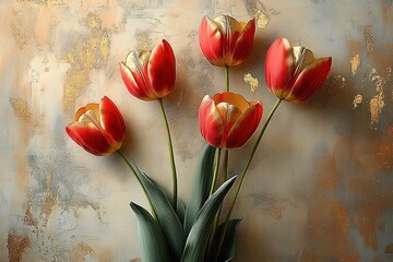 Poster - Elegant Red and Gold Tulips Against Textured Wall with Soft Light