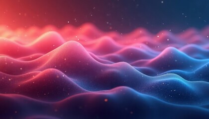 Poster - Abstract illustration features flowing waves of red pink, blue light creating textured landscape. Soft glowing colors, subtle sparkle effects form dynamic patterns. Suitable for tech backgrounds
