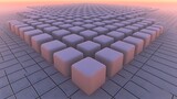 Abstract 3D rendering of numerous light-purple cubes arranged in a grid pattern on a tiled surface, under a soft sunset sky.
