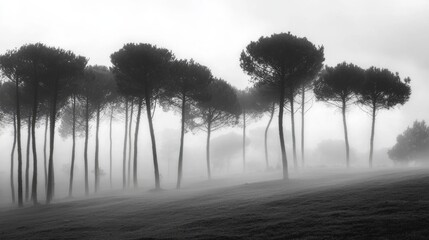 Poster - Early morning reveals a mystical pine forest cloaked in dense fog, where dark silhouettes of trees emerge softly from the mist, inviting peaceful contemplation and exploration