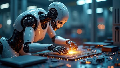 Poster - Advanced robotic arm working on circuit board. Precision tech in electronics. Robot performs complex work in modern tech factory. High tech manufacturing. Robotic arm meticulously positions