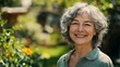 © liliyabatyrova - A joyful mature woman stands amidst lush greenery, her bright smile illuminated by warm sunlight. Her curly gray hair and friendly demeanor radiate happiness as she appreciates nature's beauty